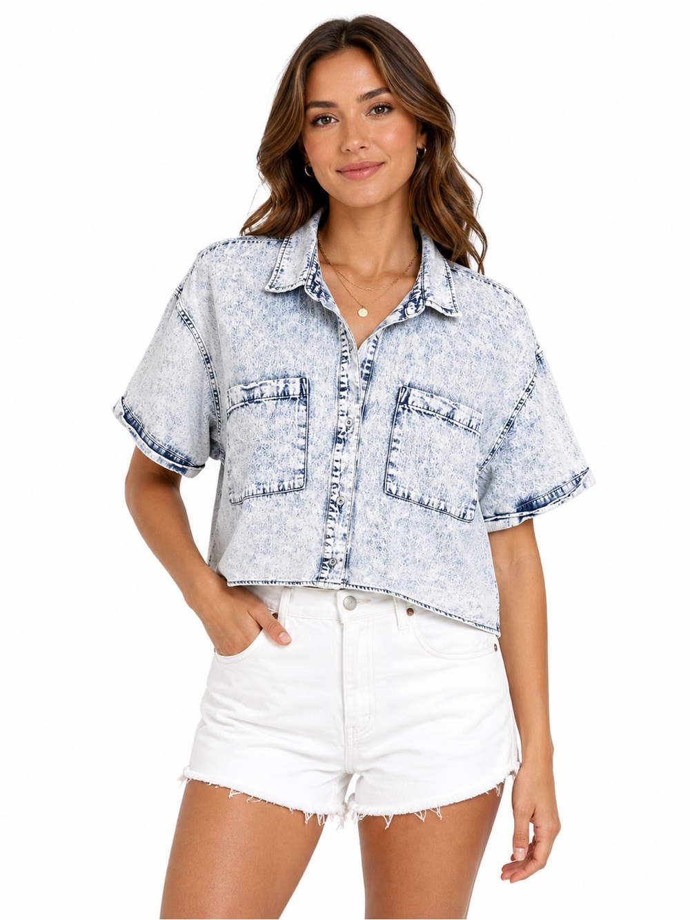 Wild Fable Acid Wash Denim Short Sleeve Crop Shirt M